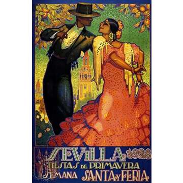 Sevilla Seville 1928 Spain 10" x 16" Spanish Spring Fashion Lady Man Couple Flamenco Dance Travel Tourism 10" X 16" Image Size Vintage Poster Repro on Matte Paper