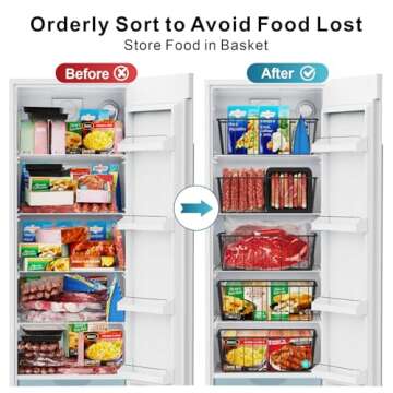 iSPECLE Upright Freezer Organizer - 4 Pack Small Freezer Basket for 5/6 / 6.5/6.8/7 cu.ft Freezer Easy Sort Food & No More Fall off, Freezer Bins for Upright Freezer Allow Air Circulation, Black