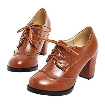 Dear Time Fashion Casual Block Heels Wingtip Oxfords Vintage PU Leather Brogue Shoes Woman Yellow US 9