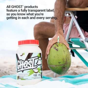 GHOST Whey Protein Powder, Coconut Ice Cream - 2LB Tub, 25G of Protein - Flavored Isolate, Concentrate & Hydrolyzed Whey Protein Blend - Post Workout Shakes - Soy & Gluten Free