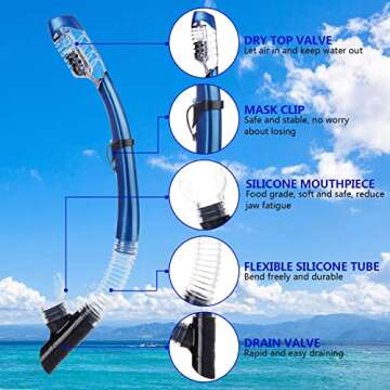 AQUA A DIVE SPORTS Dry Snorkel Easy Breath Diving Snorkel for Snorkeling Scuba Diving Swimming with Top Dry Valve and Food Grade Silicone Mouthpiece for Adult Youth Blue/Clear