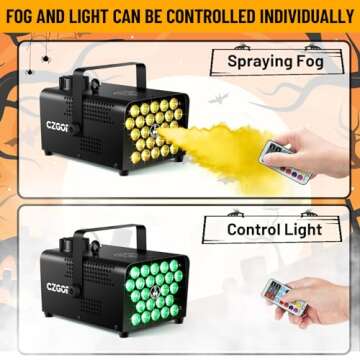 Czgor Fog Machine, Smoke Machine with 24 LED 600W, Portable Fog Machine with 2-In-1 Wireless Remote Control Fog and Light, for Outdoor Indoor Halloween Party