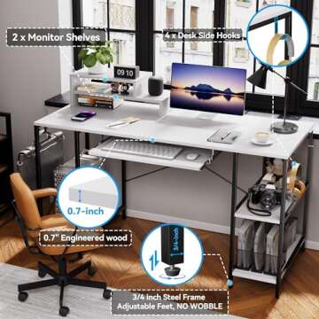 HYPIGO Computer Desk with Keyboard Tray, 55 Inch Music Studio Desk Music Production Desk with Storage Shelves Monitor Stands and 4 Iron Hooks, Desk Workstation Gaming Table for Home Office