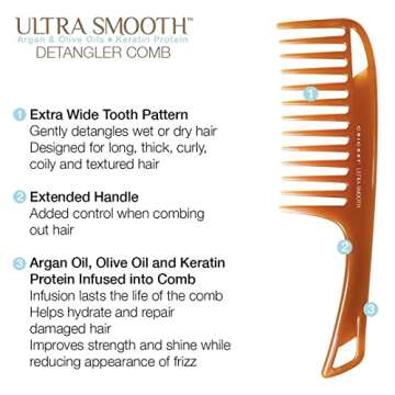 Cricket Ultra Smooth Detangler Comb for Wet and Dry Hair - Enriched with Argan, Olive Oil, and Keratin Infused, Anti-Frizz Wide-Tooth Comb for Thick, Curly, and Long Hair