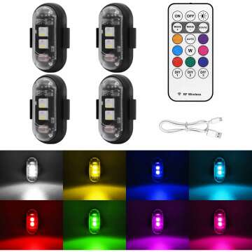 4PCS Wireless LED Strobe Lights with Remote Control, 8 Colors USB Charing Waterproof Anti-Collision Led Emergency Warning Lights for Car Motorcycle Drone Aircraft Bike