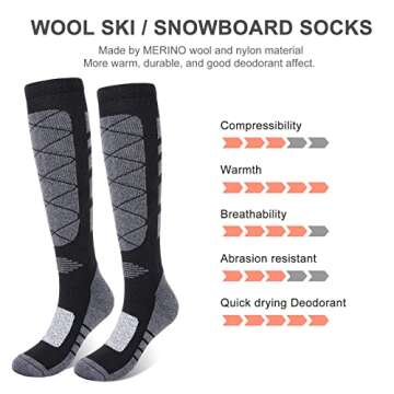 KUYOU Ski Socks 2 Pair Skiing Socks OTC Women Men Thermal Knee High Warm Winter Snow Skating Snowboarding Socks Merino Wool