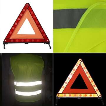 DEDC Car Safety Triangle Warning Kit, Set of 3 Roadside Emergency Kit with Reflective Warning Triangle,Visibility Roadside Vest, LED Road Flares Emergency Lights