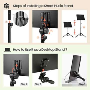 CAHAYA 5 in 1 Dual-use Sheet Music Stand & Desktop Book Stand Metal Portable Solid Back Height Adjustable from 31.4-57in with Book Stand Support, Carrying Bag, Sheet Music Folder and Clip