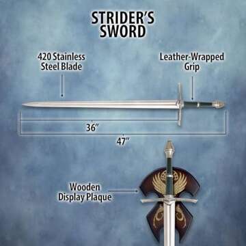 United Cutlery Lord of The Rings Sword of Strider | Officially Licensed Replica & Collectible | 47" Overall Length | 36" Stainless Steel Blade