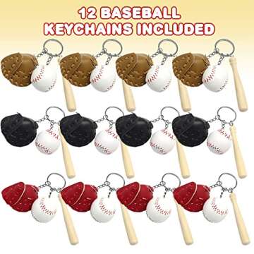 ArtCreativity Baseball Keychains for Kids, Set of 12, Wooden Baseball Bat Keychains with a Ball and Mitt, Baseball Party Favors, Sports Party Goodie Bag Fillers, and Gifts for Athletes, 3 Colors