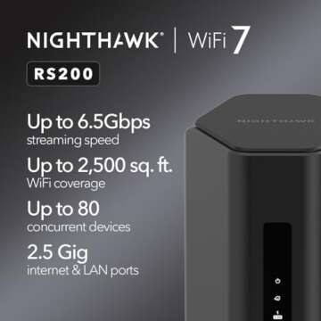 NETGEAR Nighthawk Dual-Band WiFi 7 Router (RS200) – Security Features, BE6500 Wireless Speed (up to 6.5Gbps) - Covers up to 2,500 sq. ft., 80 Devices – 2.5 Gig Internet Port