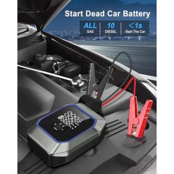 Car Jump Starter with Air Compressor,Upgraded Portable Car Battery Charger 6000A Peak Current (for All Gas/10L Diesel Engine) 12V Jump Box Battery Pack with LED Lighting, Power Bank, Storage Bag