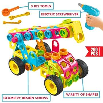 MOBI-US Toys 260 Piece STEM Learning Toys Kids Construction Engineering Kit Building Block Toy Blocks Children Early Education Playset Power Drill w/Free IdeaBook, Clickable Ratchet, Age 3+ US-T260