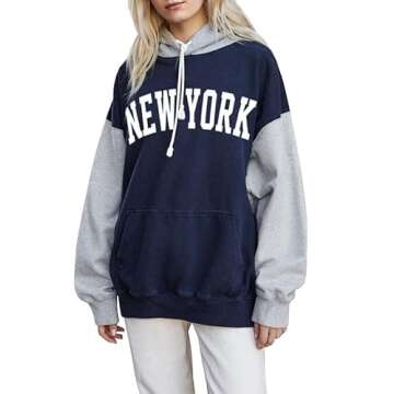 PESION Novelty Hoodie New York Graphic Hooded Sweatshirts Pullover Trendy Hip Hop Tops for Women Teens, Blue+ New York, 3X-Large