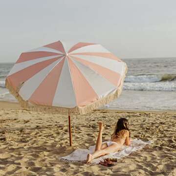 BEACH STATE Summerland 6.5 Feet Beach Umbrella with Fringe - Outdoor Umbrella - UV50+ Sun Protection (Pink Salt Stripes)