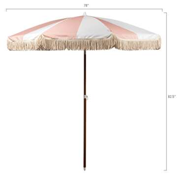 BEACH STATE Summerland 6.5 Feet Beach Umbrella with Fringe - Outdoor Umbrella - UV50+ Sun Protection (Pink Salt Stripes)