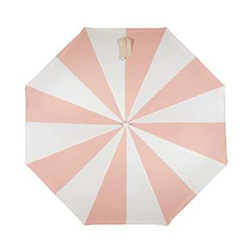 BEACH STATE Summerland 6.5 Feet Beach Umbrella with Fringe - Outdoor Umbrella - UV50+ Sun Protection (Pink Salt Stripes)