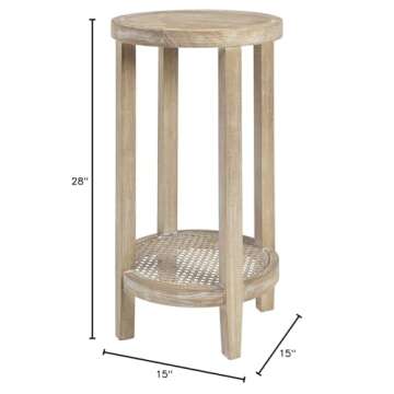 Martha Stewart Harley Accent Tables Modern Farmhouse, Rattan Shelving Design, Round Tabletop Living Room Furniture Occasional Piece, Dia. 15" X 28", Wheat