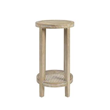 Martha Stewart Harley Accent Tables Modern Farmhouse, Rattan Shelving Design, Round Tabletop Living Room Furniture Occasional Piece, Dia. 15" X 28", Wheat