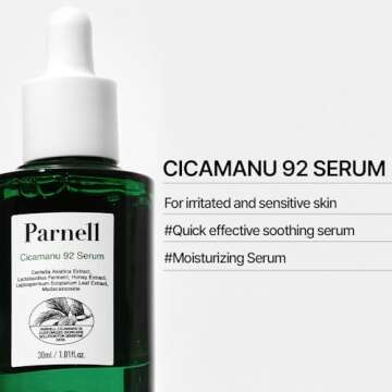 Parnell Cicamanu 92 Serum - Melatonin, Centella Asiatica, Ceramide and Overnight Recovery Moisturizing Ampoule for Hyperpigmentation and Soothing Irritated Skin (1.01 Fl Oz / 30ml)