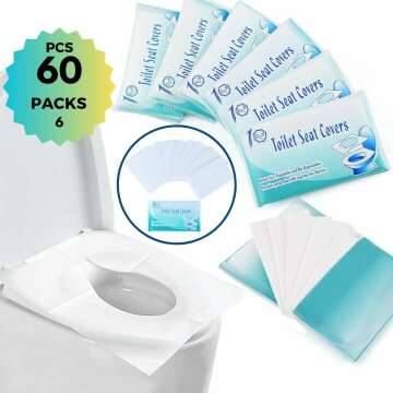 Disposable Commercial Toilet Seat Covers (60 Pack) - XL for Kids and Adults, 100% Biodegradable, Essential Travel, Camping,Trip, Hotel, School, Work, provides personal safety and hygiene