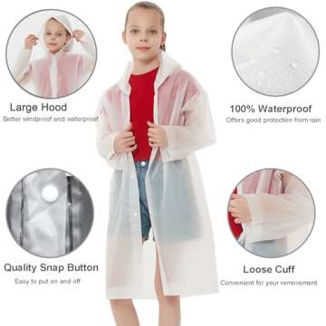 Rain Ponchos Raincoats for Kids, Reusable Boys Girls Rain Jackets Emergency with Hood for Family Disney Travel Outdoor (White)