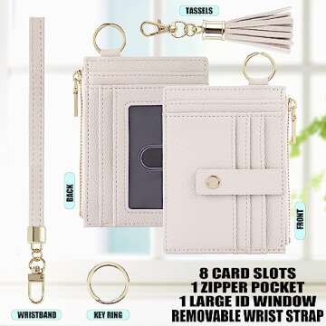 New Fashion Kingdom Wristlet Keychain Wallet for Women Slim Rfid Blocking Credit Card Holder Wristlet Zip Id Case Wallet Small Compact Leather Wallet Coin Purse for Women (Beige)