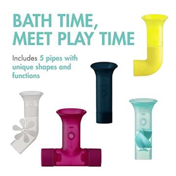 Boon Pipes Toddler Bath Toys - Bathtub Building Toys with Suction Cups - Toddler Sensory Toys and Bathtub Essentials - Multicolored - 5 Count - Kids Ages 12 Months and Up