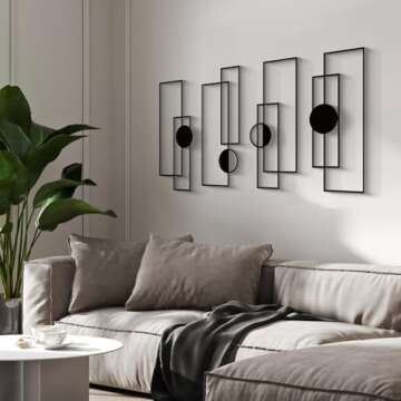 Glamativity Large 4 Pcs Black Abstract Metal Wall Art, 22.5 x 7.5'' Vertical Minimalist Décor Single Line Art Wall Décor, 3D Textured Sculptures, Modern Geometric Decor Hanging for Living Room Bedroom Bathroom Study