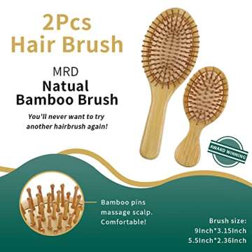 2Pcs Hair Brush, Natural Bamboo Hair brushes Set With Paddle Detangling Wooden Hairbrush and Mini Travel Size Brush, Massage Scalp Thick/Thin/Curly/Dry Hair For Women Men and Kids by MRD