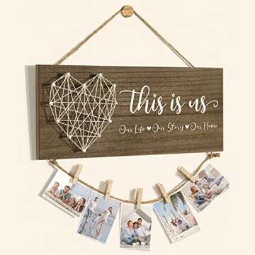 Housewarming Gifts New Home Wall Decor Sign, This Is Us Family Picture Frame Wedding Gifts for Couples Farmhouse Rustic Wood Hanging Photo Holder, Gift for New Homeowner