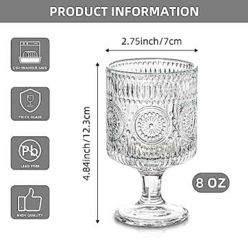 Romantic Vintage Goblet Glasses of 4, Charming Vintage Embossed Floral Decorative Glass Cups Set, Mixed Drink Glasses, for Bars, Restaurants, Party, and Elegant Dinners, 8 oz Wine Glasses