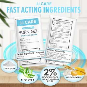 JJ CARE Burn Gel (Pack of 160), Soothing Burn Gel Packets for Minor Burns, First Aid Burn Gel Individual Packets with Lidocaine and Aloe Vera (0.9 Grams per Packet)