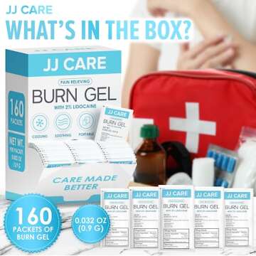 JJ CARE Burn Gel (Pack of 160), Soothing Burn Gel Packets for Minor Burns, First Aid Burn Gel Individual Packets with Lidocaine and Aloe Vera (0.9 Grams per Packet)