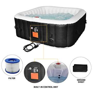 #WEJOY AquaSpa Portable Hot Tub 72X72X26 Inch Air Jet Spa 4-5 Person Inflatable Square Outdoor Heated Hot Tub Spa with 130 Bubble Jets, Black/White