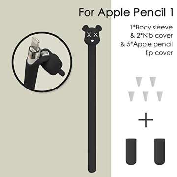 LOVE MEI for Apple Pencil Silicone Sleeve for 1st Generation Holder Protective Skin Cover case and Nib Cover Non-Slip Smooth Grip Cute Bear Accessories with Pencil Tip Cover for iPad (1st Black)