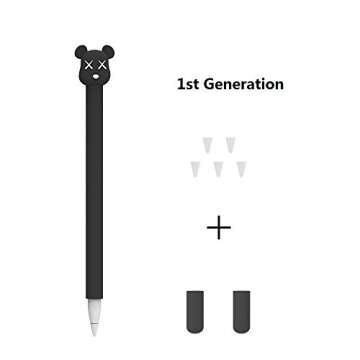 LOVE MEI for Apple Pencil Silicone Sleeve for 1st Generation Holder Protective Skin Cover case and Nib Cover Non-Slip Smooth Grip Cute Bear Accessories with Pencil Tip Cover for iPad (1st Black)