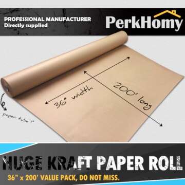 PerkHomy 36" x 2,400" (200') Brown Kraft Paper Roll for Craft Bulletin Board Paper Kids Art Table Covering Crafting Gift Wrapping Bouquet Packing Parcel 70GSM 50LB (Brown, 36" x 200')