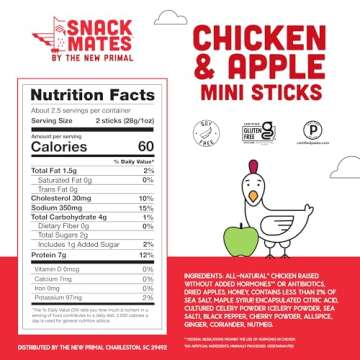 The New Primal Snack Mates Chicken & Apple Sticks, Gluten Free Healthy Snacks for Kids, Low Sugar High Protein Back to School Snacks, Mini Paleo Jerky Meat Stick, 7g Protein, 60 Calories, 40 Pack