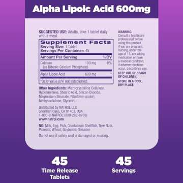 Natrol Alpha Lipoic Acid 600 mg, Dietary Supplement for General Wellness, 45 Tablets, 45 Day Supply