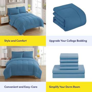 Dorm Room Essentials College Bedding Comforter Set 5 Piece Twin XL Size Bed in a Bag for College Students Boys and Girls, Twin XL, Denim Blue