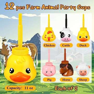 Roshtia 12 Sets Farm Animal Cups with Straws and Lids 11 oz Plastic Animal Themed Cups Cute Pig Sheep Chicken Duck Horse Cow Straw Cups for Kids Birthday Farm Theme Party Favor Supplies