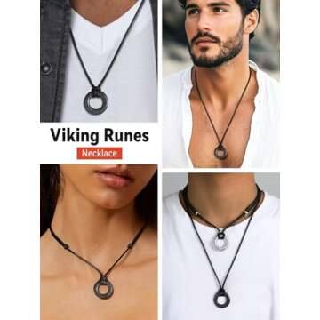 Viking Runes Necklace with Leather Neck Chains Black Stainless Steel Nordic Mythology Rune Charms