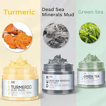 ANAI RUI Turmeric Clay Mask - Green Tea Clay Mask - Dead Sea Minerals Mud Mask, Spa Facial Mask Set, Face Mask Gift Set 2.5 oz each