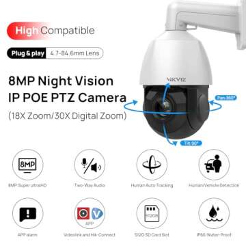 VIKVIZ 4K 8MP PTZ POE IP Camera Outdoor,Pan Tilt 18X Optical Zoom, Human Auto Tracking,Human/Vehicle Detection,Two-Way Talk,328ft IR Night Vision,PTZ Security Camera with MicroSD 512GB