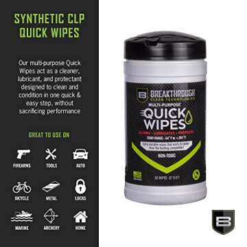 Breakthrough Clean Technologies® Multi-Purpose CLP Quick Wipes, 5" x 6", Firearm Cleaner, Lubricant, and Protectant - Perfect for Handguns and Rifles - Field and Range Accessories - 50-Pack Canister