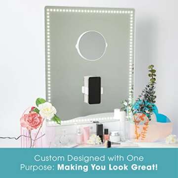 Riki Tall Vanity Mirror with HD LED Lights, Remote Lighting and Smartphone Control, Advanced High-CRI Glass, USB Charging, and Magnetic 5X Magnifying Mirror (White)