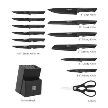 Hundop knife set, 15 Pcs Black knife sets for kitchen with block Self Sharpening, Dishwasher Safe, 6 Steak Knives, Anti-slip handle