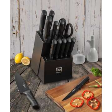 Hundop knife set, 15 Pcs Black knife sets for kitchen with block Self Sharpening, Dishwasher Safe, 6 Steak Knives, Anti-slip handle