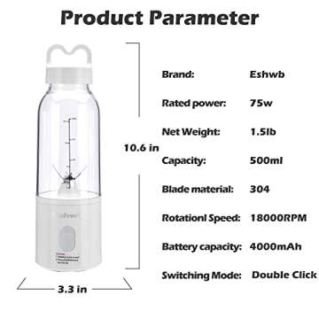 Eshwb Personal Blender for Shakes and Smoothies,Portable Blender with 3D 6 Blades,smoothie Blender Rechargeable USB Blender for Home,Travel Outdoors (White)